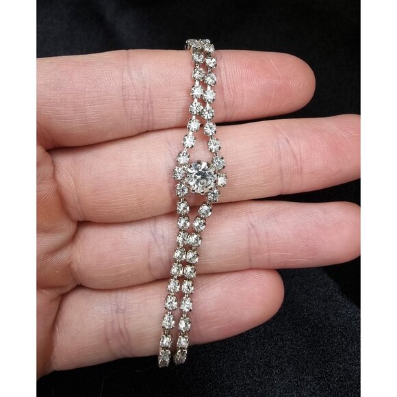 Vintage Art Deco 1940s-1950s Rhinestone Double Strand Bracelet - Picture 5 of 6